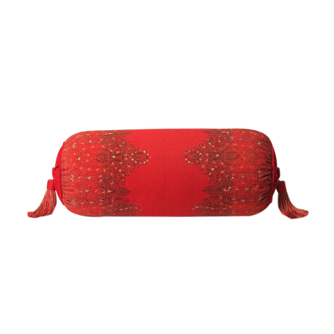 Jamawar Bolster Cushion  - Red in Shanil 28&quot; X 10&quot;