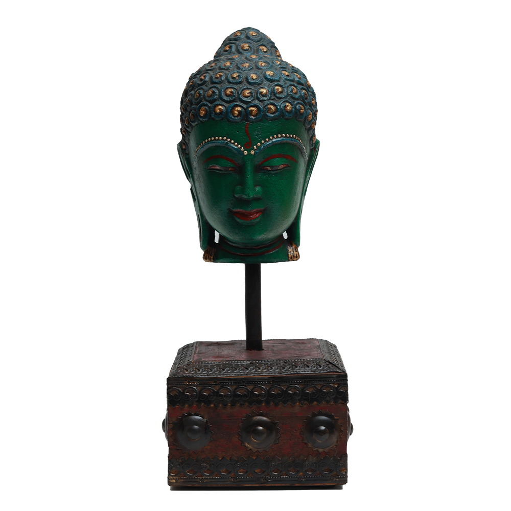Serene Buddha Sculpture - Green in Metal and Wood