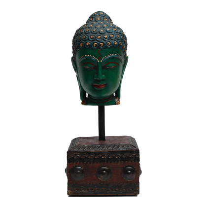 Serene Buddha Sculpture - Green in Metal and Wood