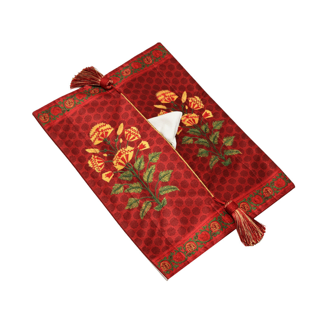 Mughal Tissue Box Cover - Red in Silk 15 x 10