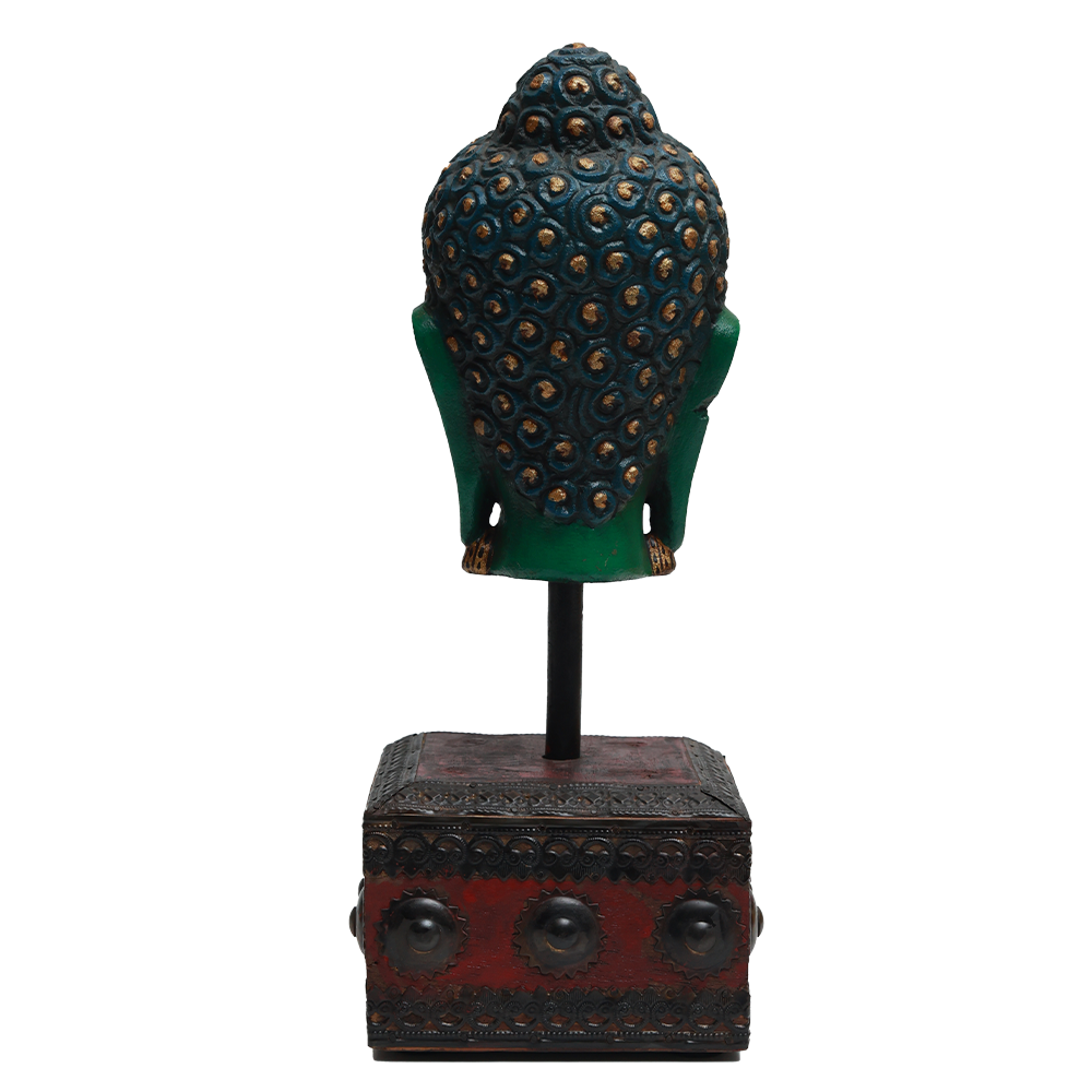 Serene Buddha Sculpture - Green in Metal and Wood