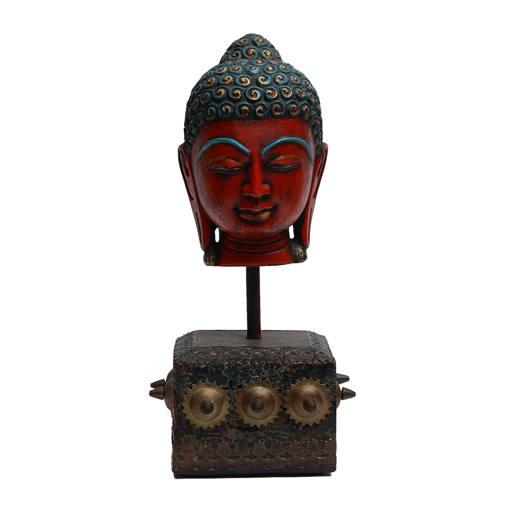 Serene Buddha Sculpture - Red in Metal and Wood