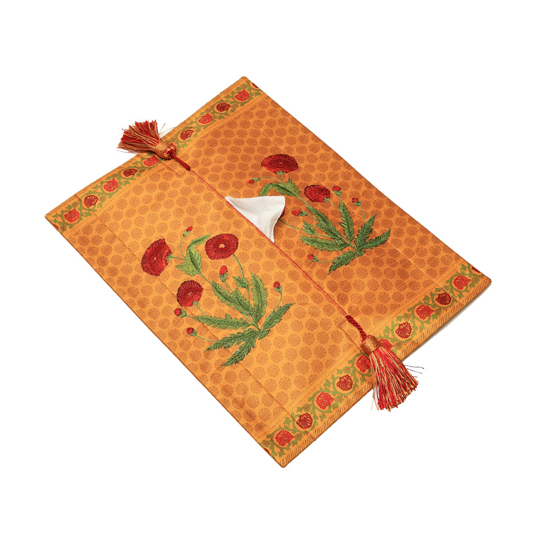 Mughal Tissue Box  Cover - Yellow in Silk 15 x 10
