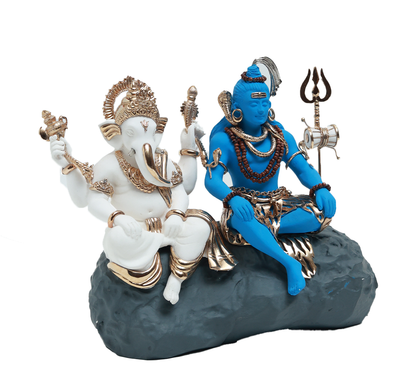 Shiv and Ganesh Idol - White and Blue in Resin and Gold Plated