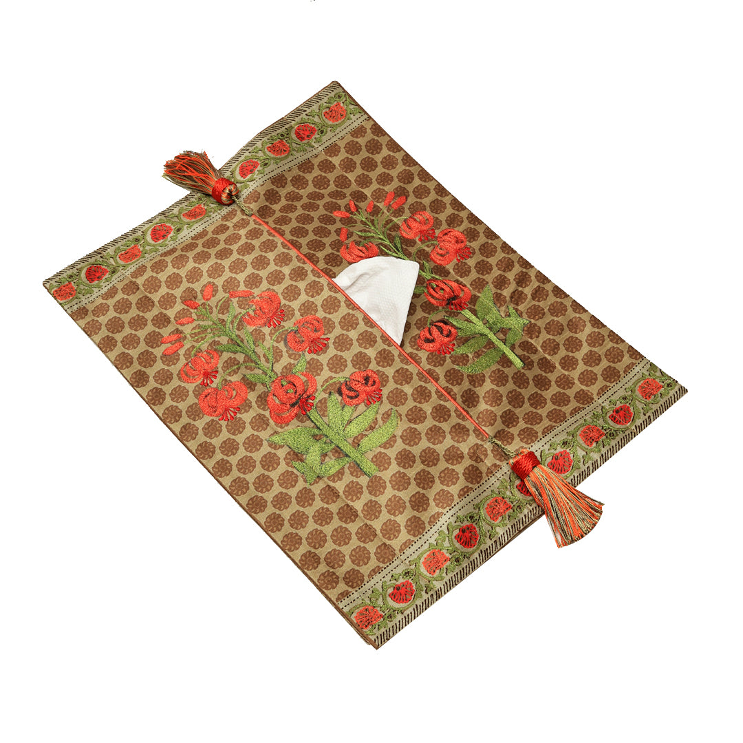 Mughal Tissue Box Cover - Olive in Silk 15 x 10