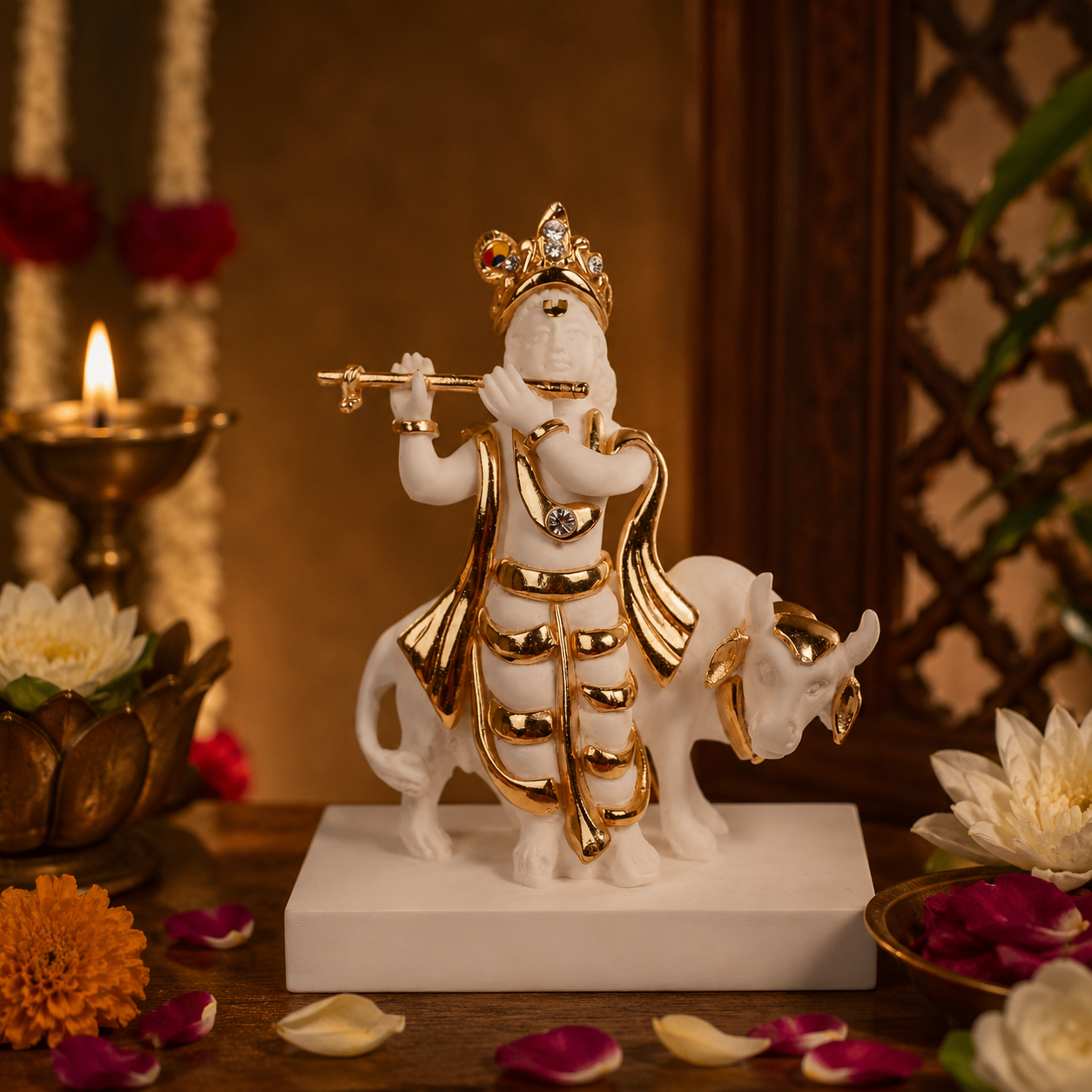 Krishna with Cow Idol - White in Resin and Gold Plated
