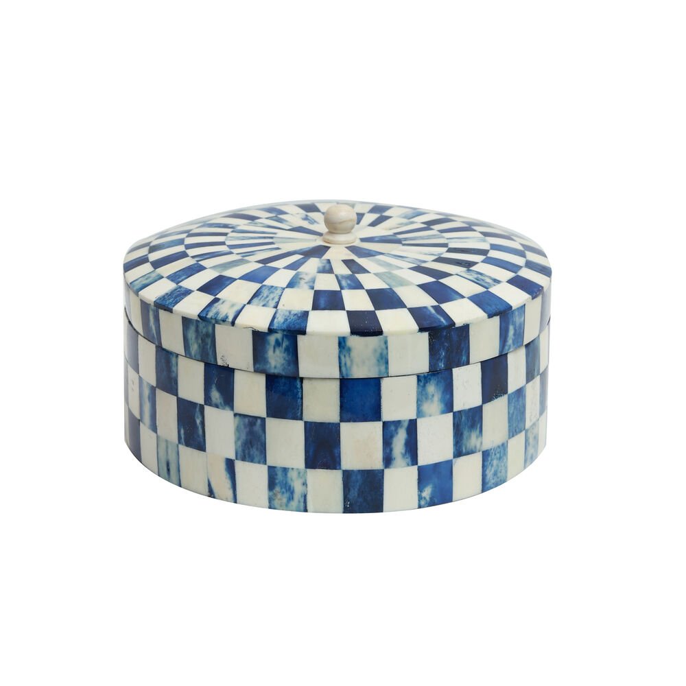 Chequered Box - Large Round Blue in Wood and Bone Inlay