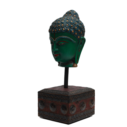 Serene Buddha Sculpture - Green in Metal and Wood
