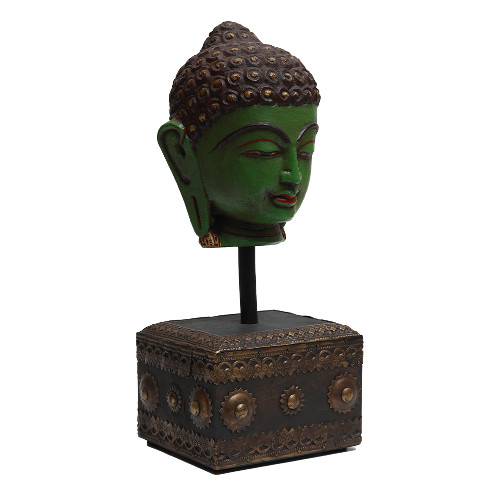 Serene Buddha Sculpture - Green in Metal and Wood