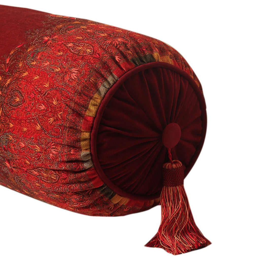 Jamawar Bolster Cushion - Maroon in Shanil 28&quot; X 10&quot;