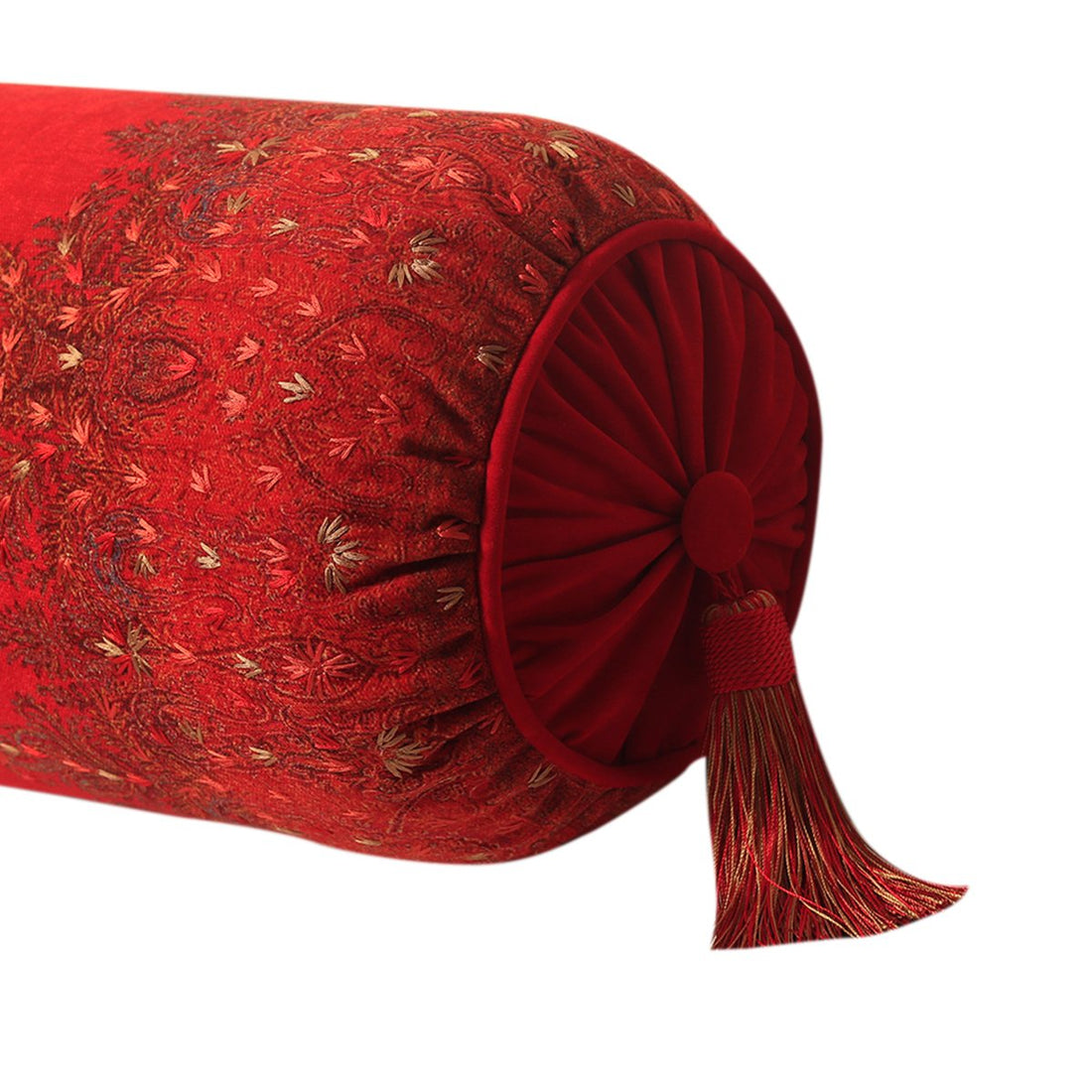 Jamawar Bolster Cushion  - Red in Shanil 28&quot; X 10&quot;