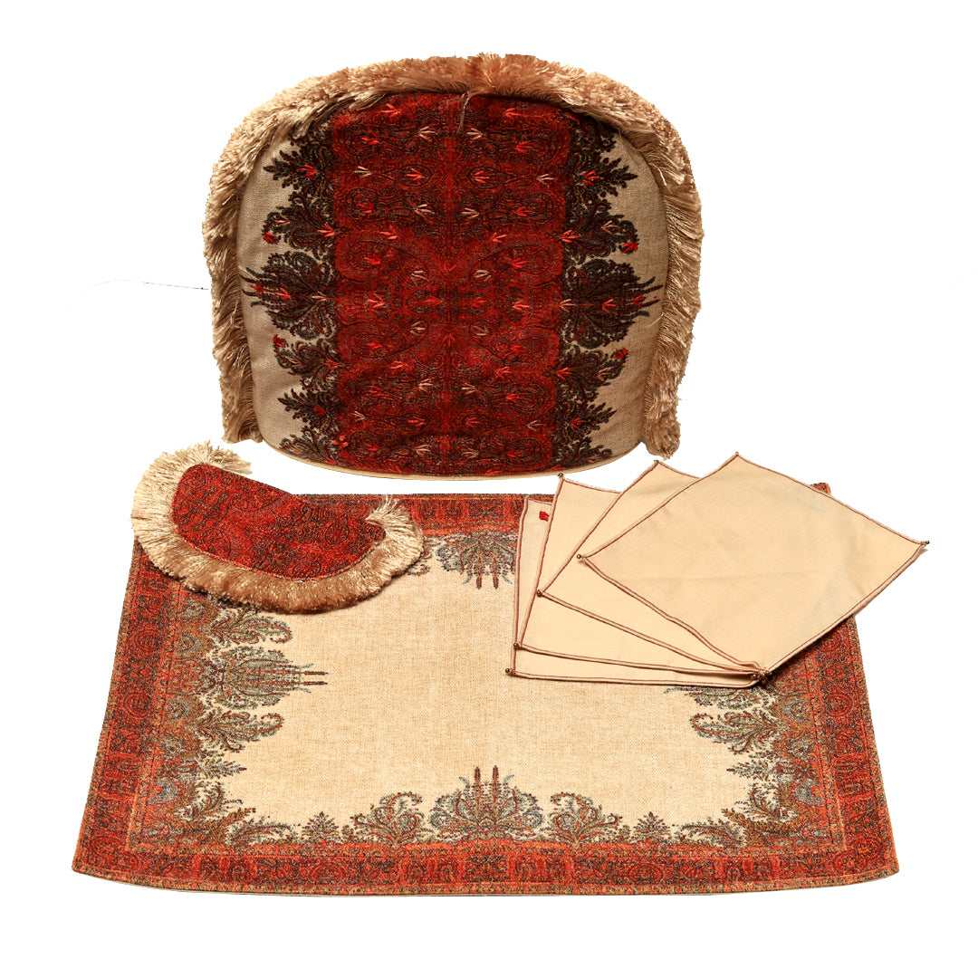 Jamawar Tea Cosy Set - Red and Beige in Shanil