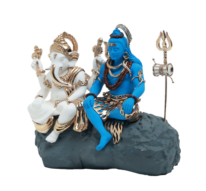 Shiv and Ganesh Idol - White and Blue in Resin and Gold Plated