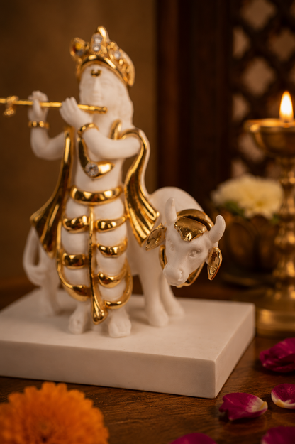 Krishna with Cow Idol - White in Resin and Gold Plated