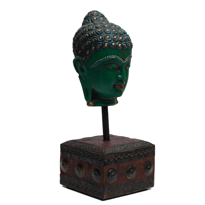 Serene Buddha Sculpture - Green in Metal and Wood