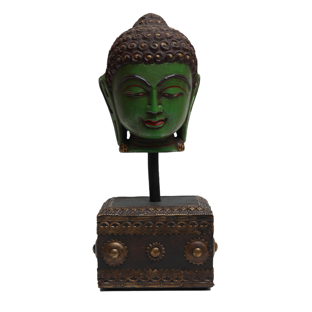 Serene Buddha Sculpture - Green in Metal and Wood