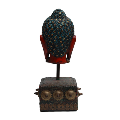 Serene Buddha Sculpture - Red in Metal and Wood