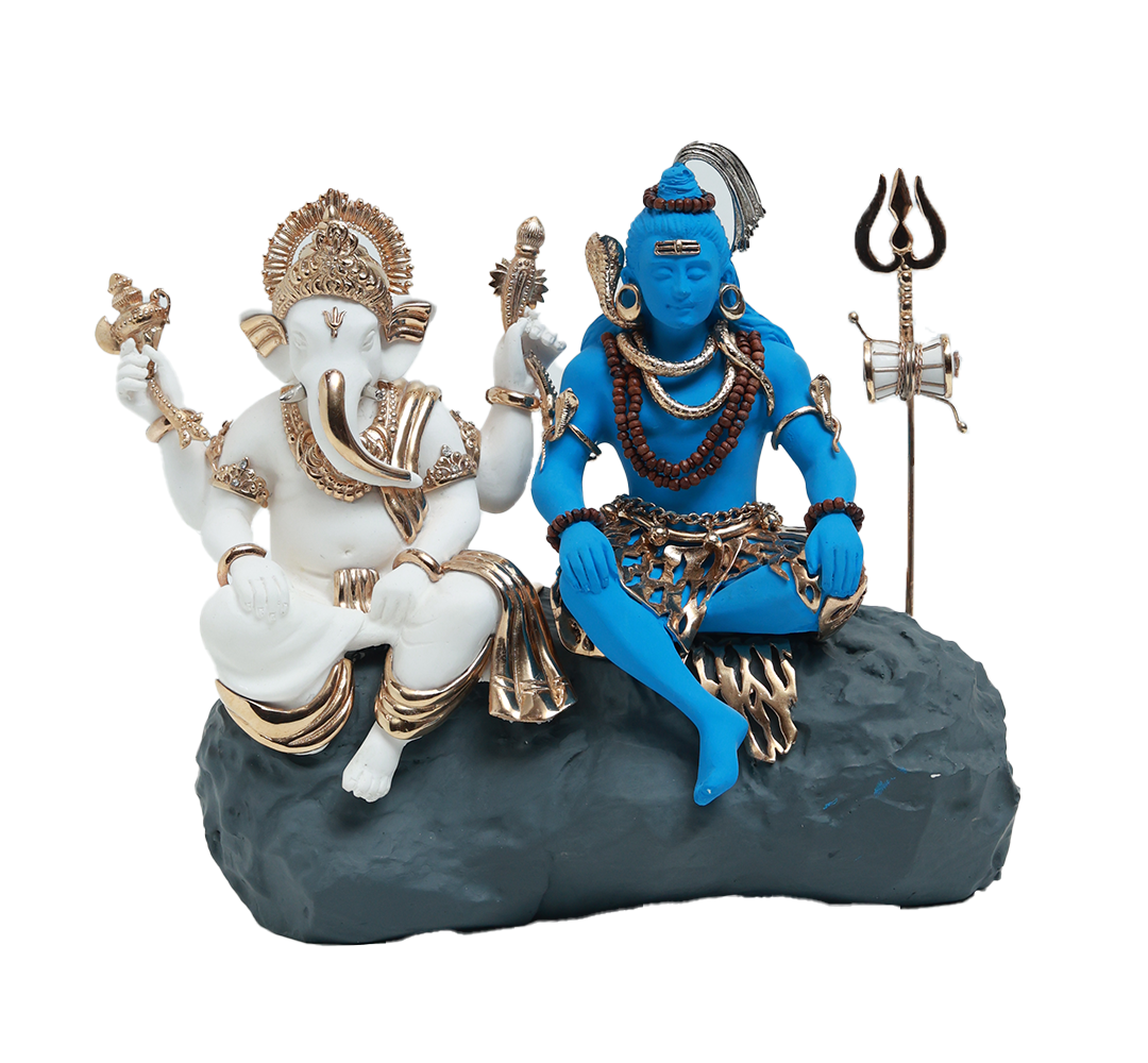 Shiv and Ganesh Idol - White and Blue in Resin and Gold Plated