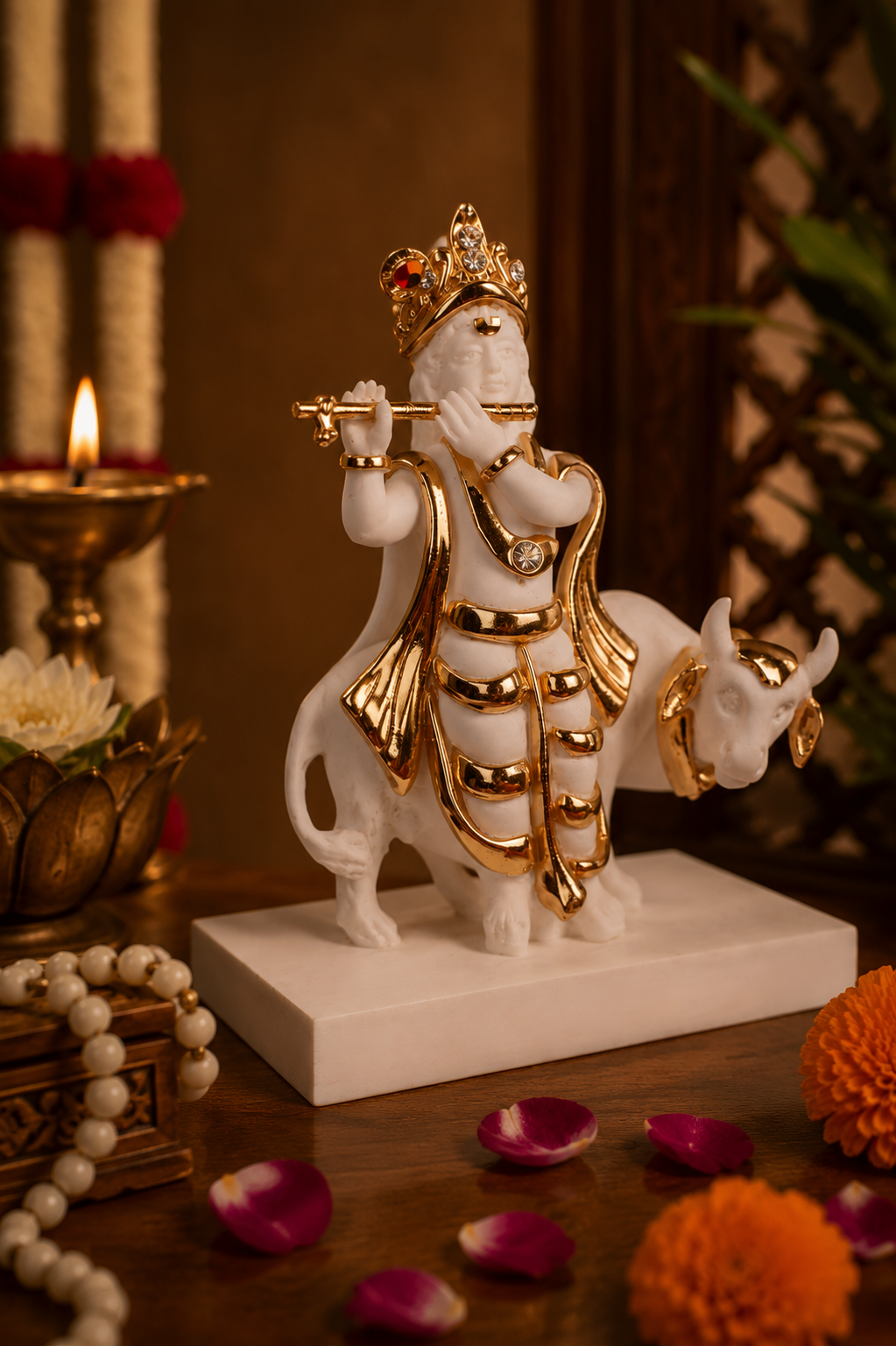 Krishna with Cow Idol - White in Resin and Gold Plated