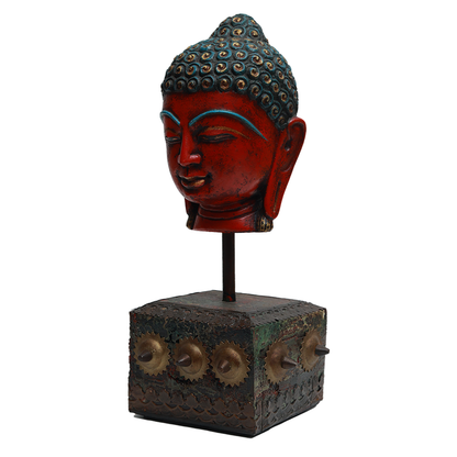 Serene Buddha Sculpture - Red in Metal and Wood