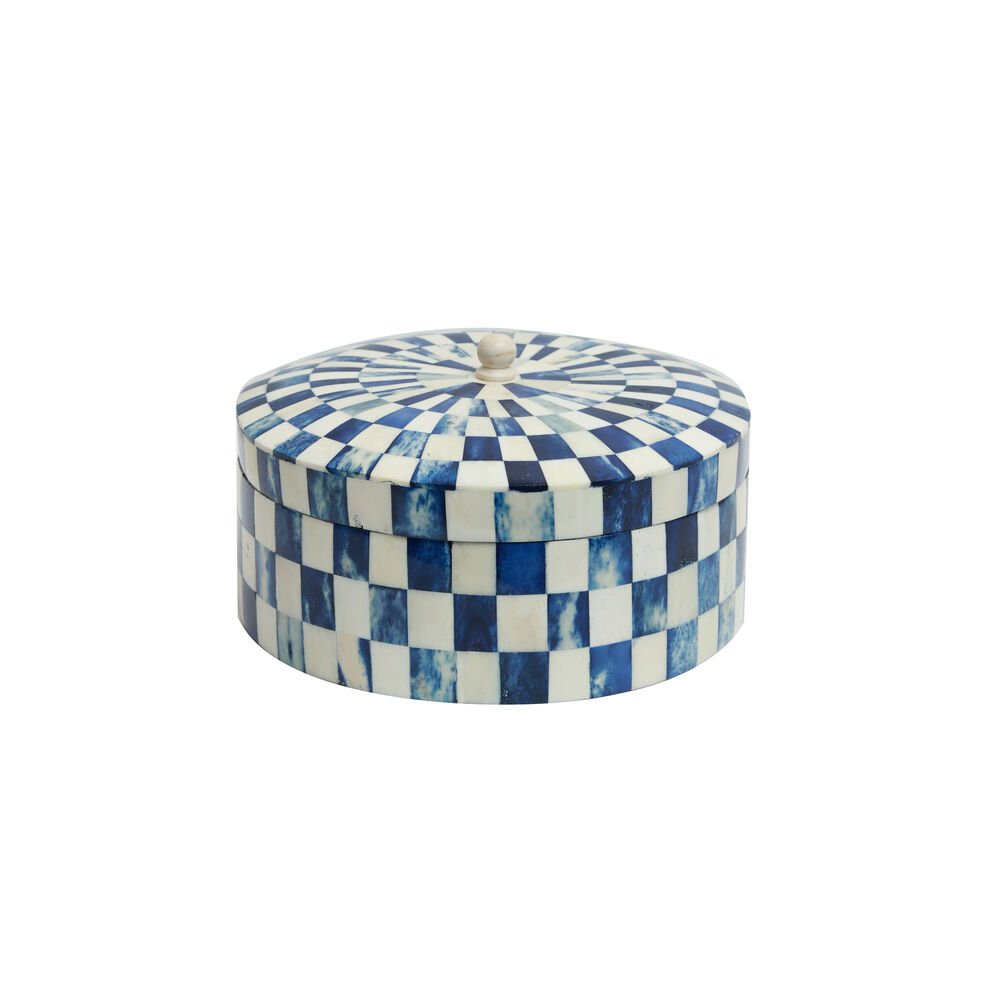 Chequered Box - Small Round Blue in Wood and Bone Inlay