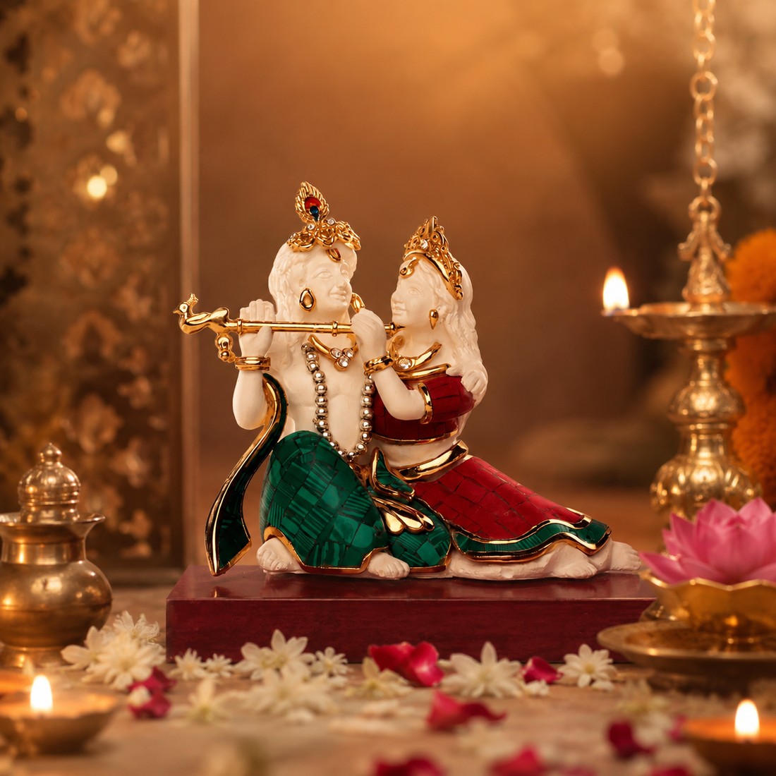 Radha Krishna Idol - Turquoise and coral Small in Gold Plated and Resin