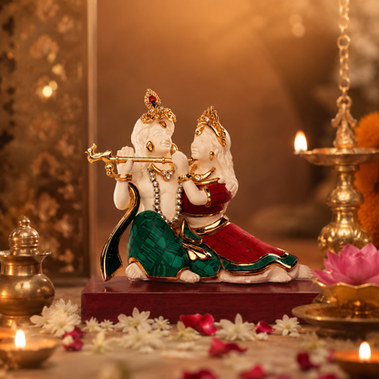 Radha Krishna Idol - Turquoise and coral Small in Gold Plated and Resin