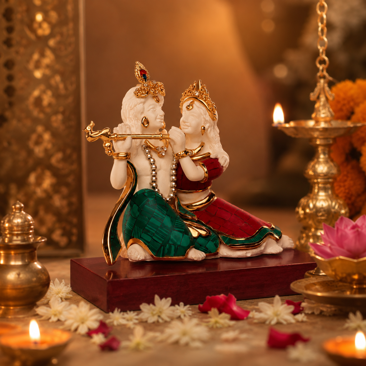 Radha Krishna Idol - Turquoise and coral Small in Gold Plated and Resin