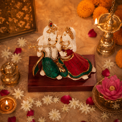 Radha Krishna Idol - Turquoise and coral Small in Gold Plated and Resin