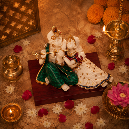 Radha Krishna Idol - Turquoise and coral Large in Gold Plated and Resin