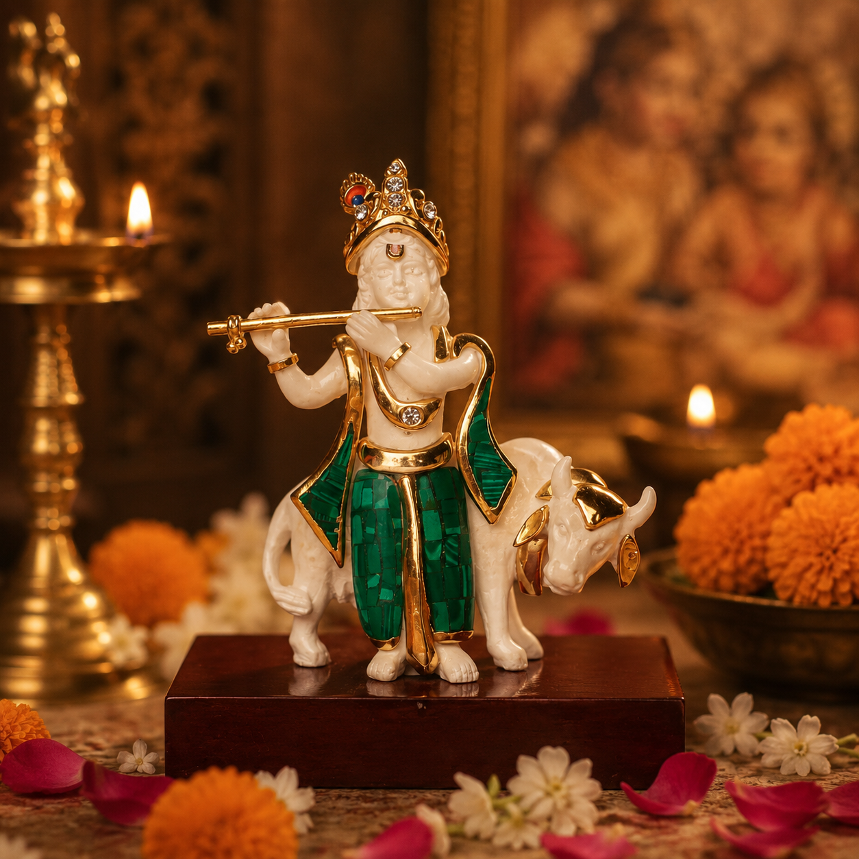 Krishna With Cow Idol - Turquoise and White in Resin and Gold Plated
