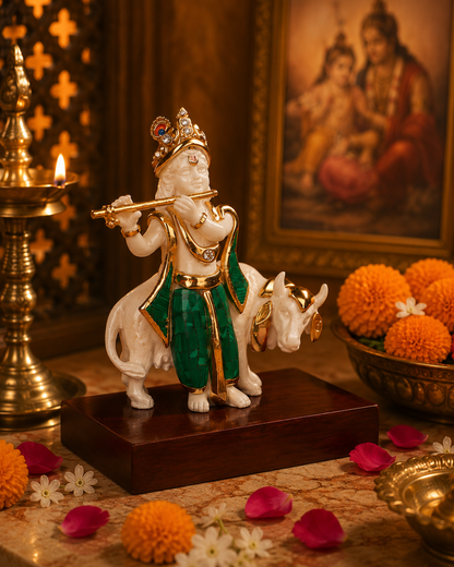 Krishna With Cow Idol - Turquoise and White in Resin and Gold Plated