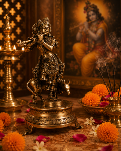 Krishna with Cow - Brass