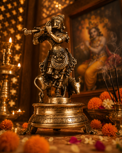 Krishna with Cow - Brass