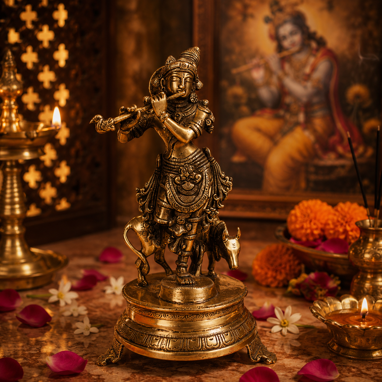 Krishna with Cow - Brass