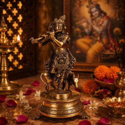 Krishna with Cow - Brass