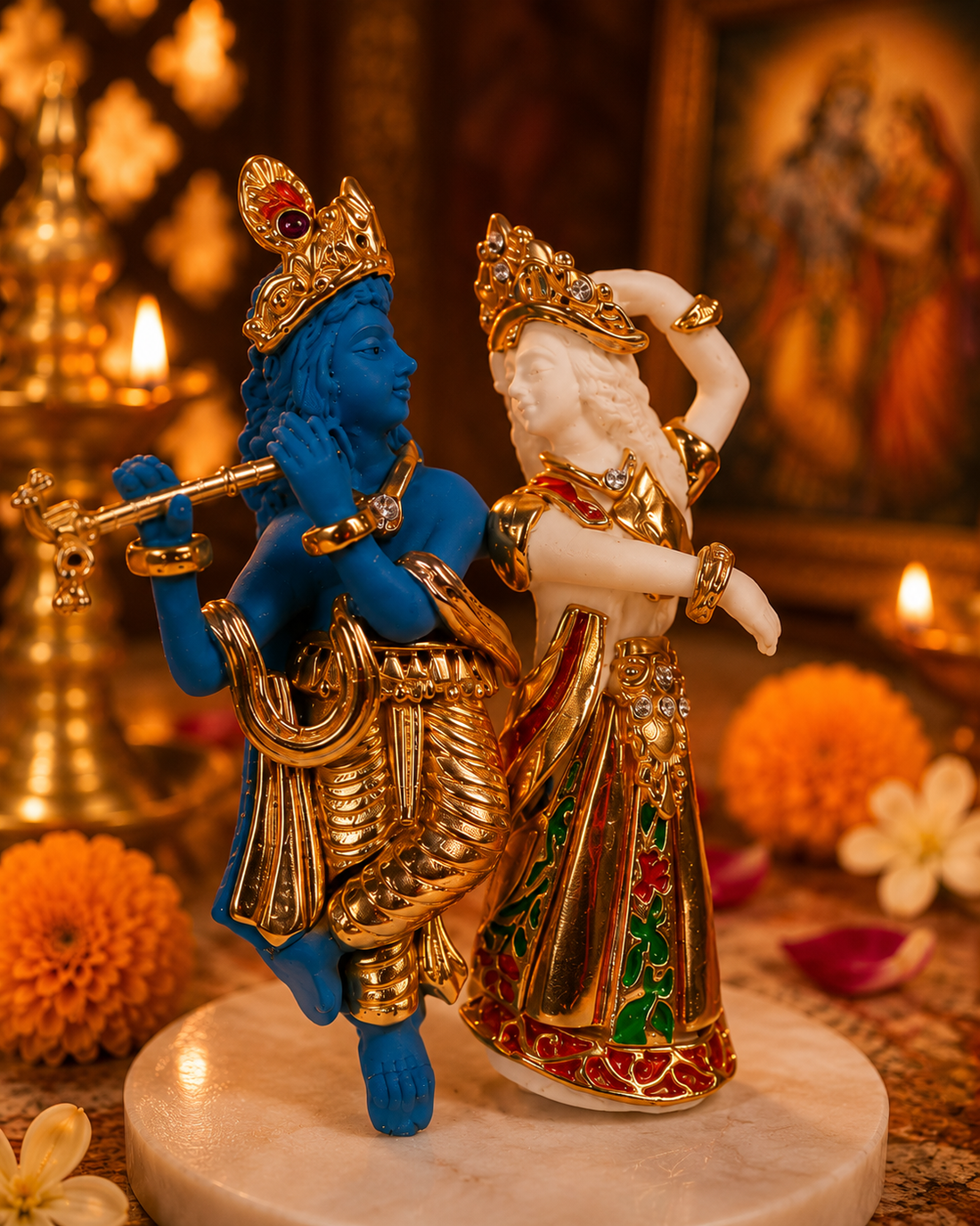 Radha Krishna Idol -  White and Blue in Resin and Gold Plated