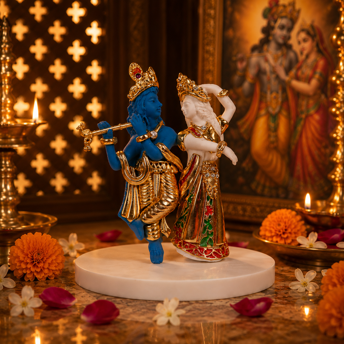 Radha Krishna Idol - White and Blue in Resin and Gold Plated