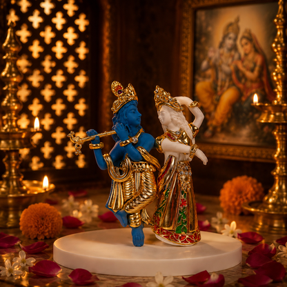 Radha Krishna Idol -  White and Blue in Resin and Gold Plated