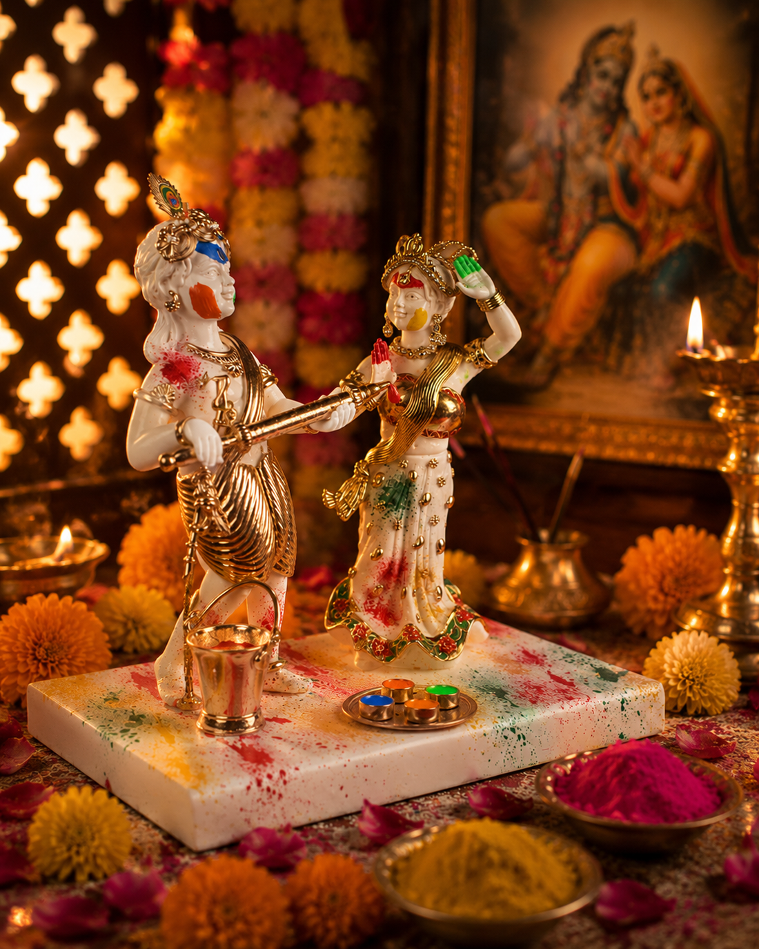 Radha Krishna Playing Holi Idol -  Resin and Gold Plated