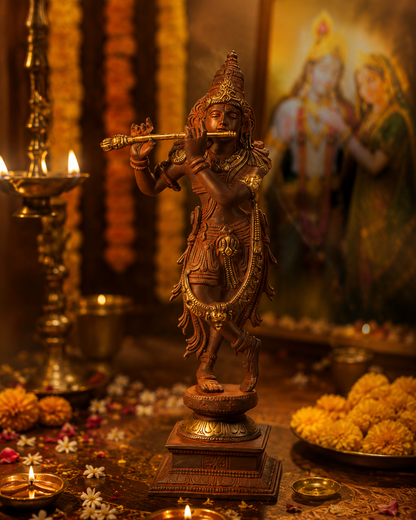 Krishna  Idol - Red in Brass