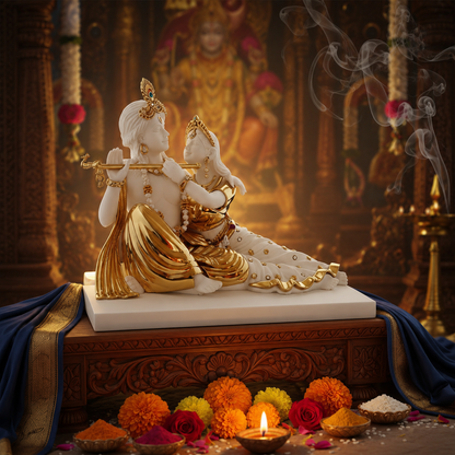 Krishna and Radha Idol - White in Resin and Gold Plated