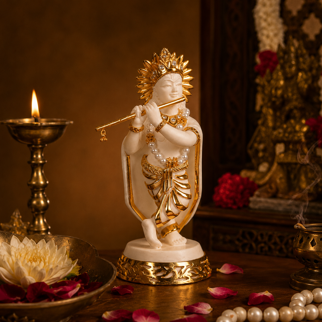 Krishna Idol - White in Resin and Gold Plated