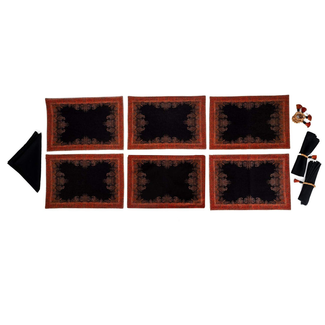 Jamawar Paisley Table Mats - Black in Shanil Set Of 6