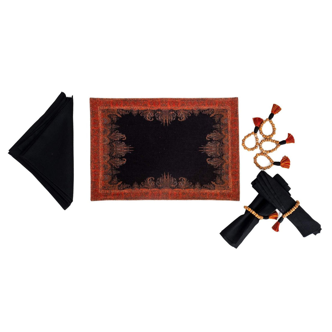 Jamawar Paisley Table Mats - Black in Shanil Set Of 6