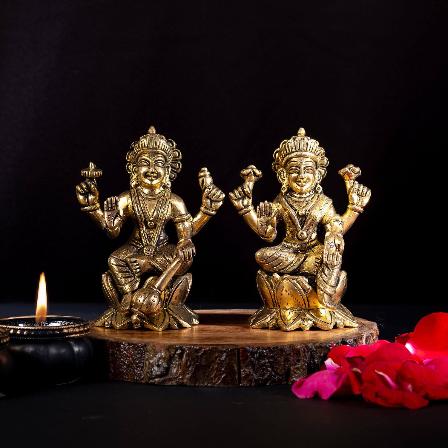 Vishnu With Laxmi Sitting Idol - Brass