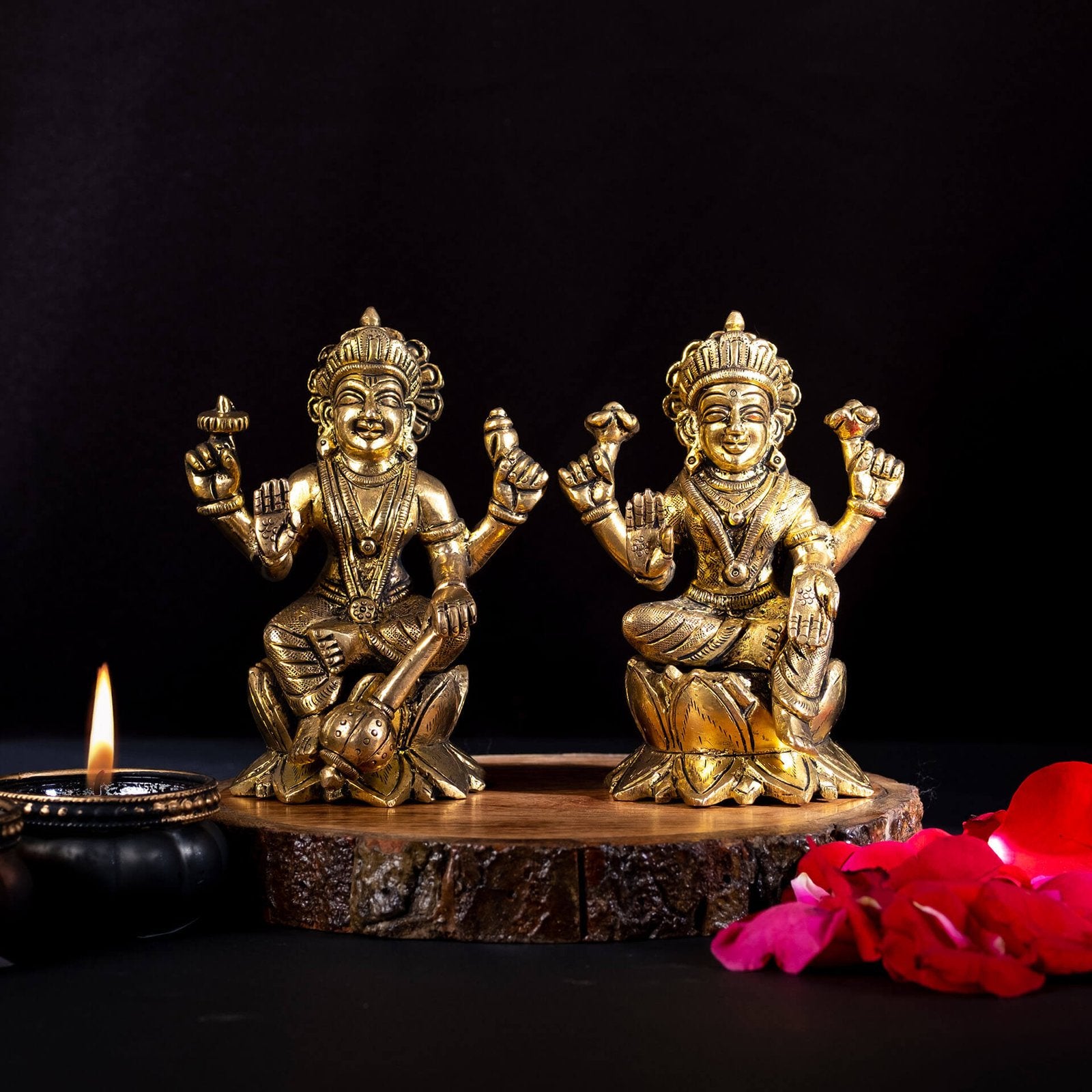 Vishnu With Laxmi Sitting Idol - Brass