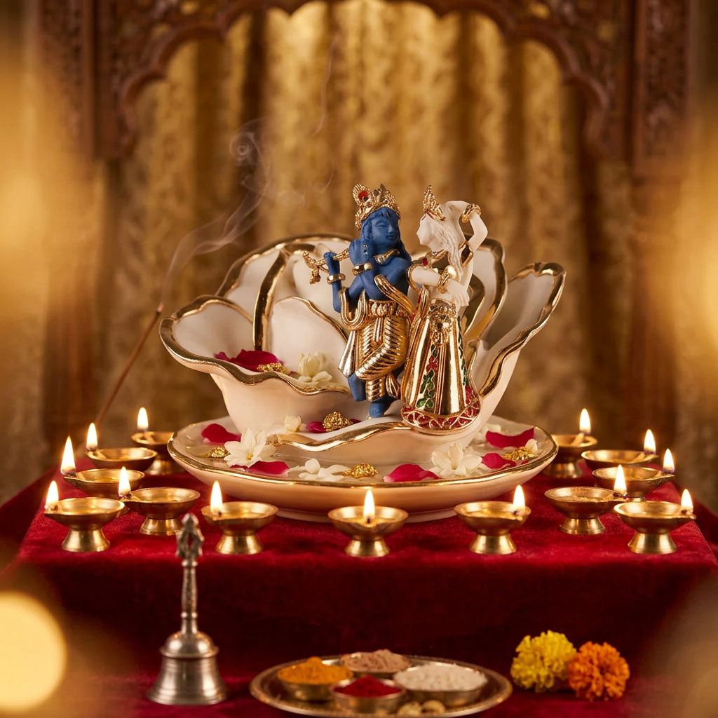 Radha Krishna Dancing On A Rose Idol - White in Gold Plated and Resin