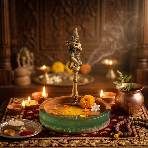 Krishna Harit Platter - Brass . Wood and Resin
