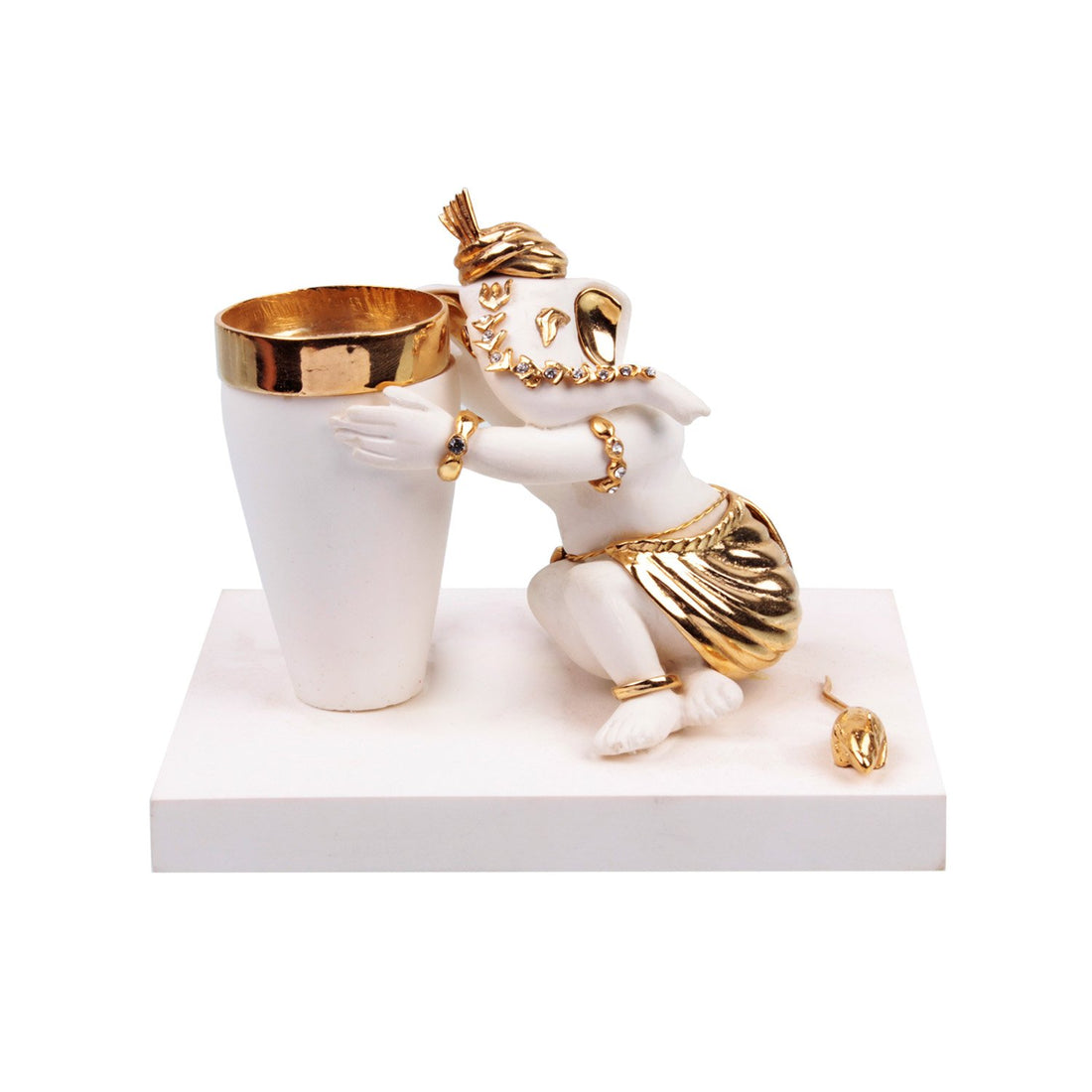 Vakratunda Ganesh Idol - White in Resin and Gold Plated